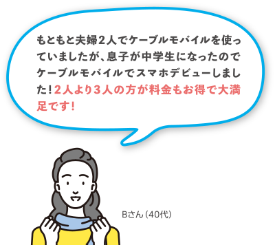 Bさん（40代）：もともと夫婦２人でケーブルモバイルを使っていましたが、息子が中学生になったのでケーブルモバイルでスマホデビューしました！２人より３人の方が料金もお得で大満足です！