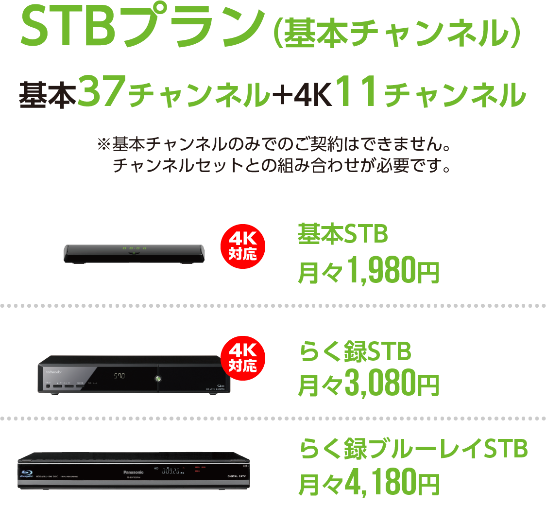 STBプラン（基本チャンネル）全46チャンネル　基本STB 月々1,800円　らく録STB 月々2,800円　らく録ブルーレイSTB 月々3,800円